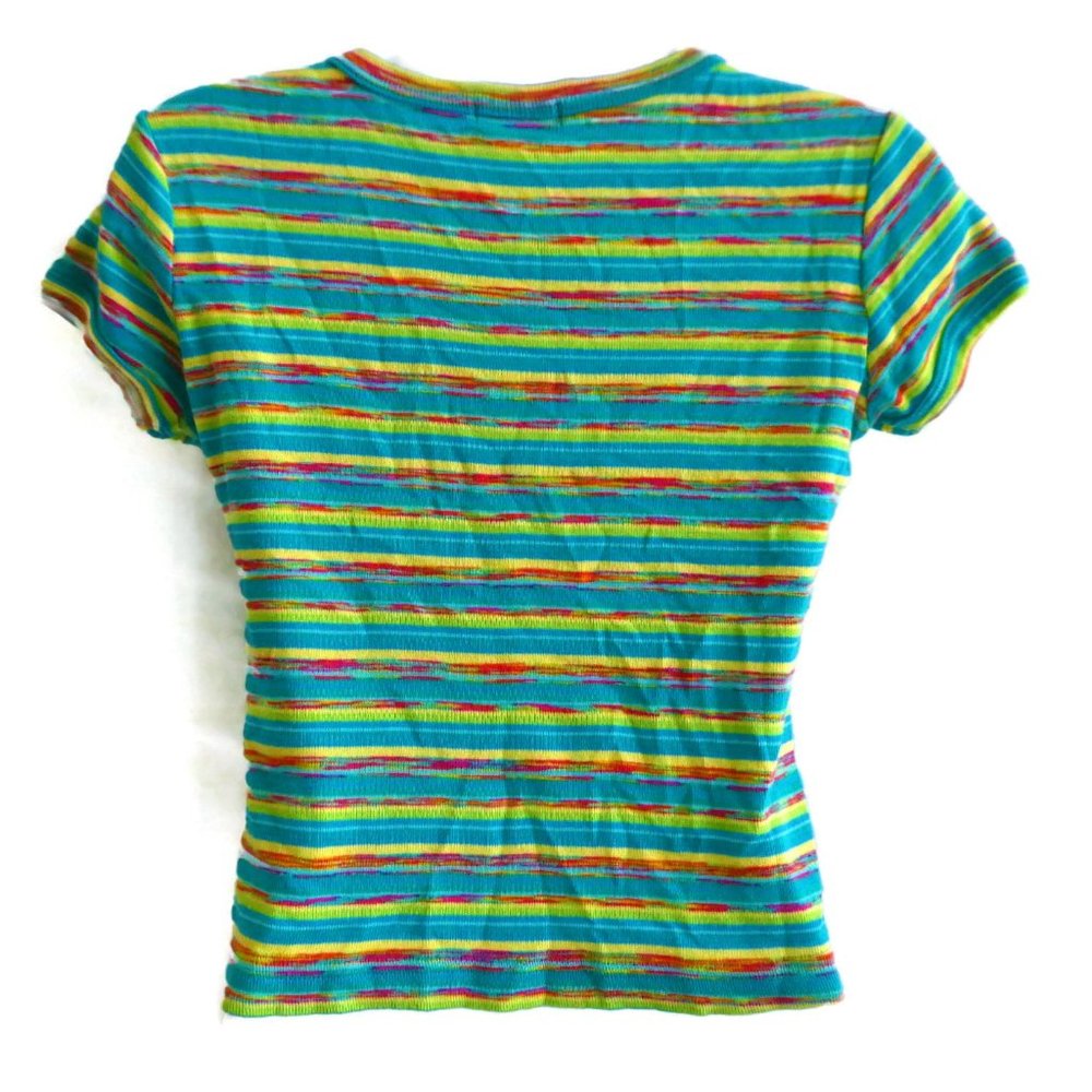 lei Baby Tee T Shirt Vintage Marled Striped Knit Blue Yellow Red M - Picture 3 of 8